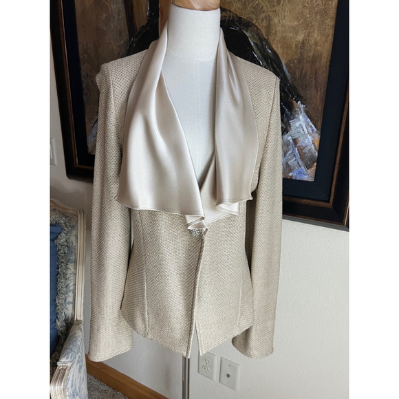 Women's St. John Blazer, Size 14, Beige/Gold w/ Silk Waterfall Collar